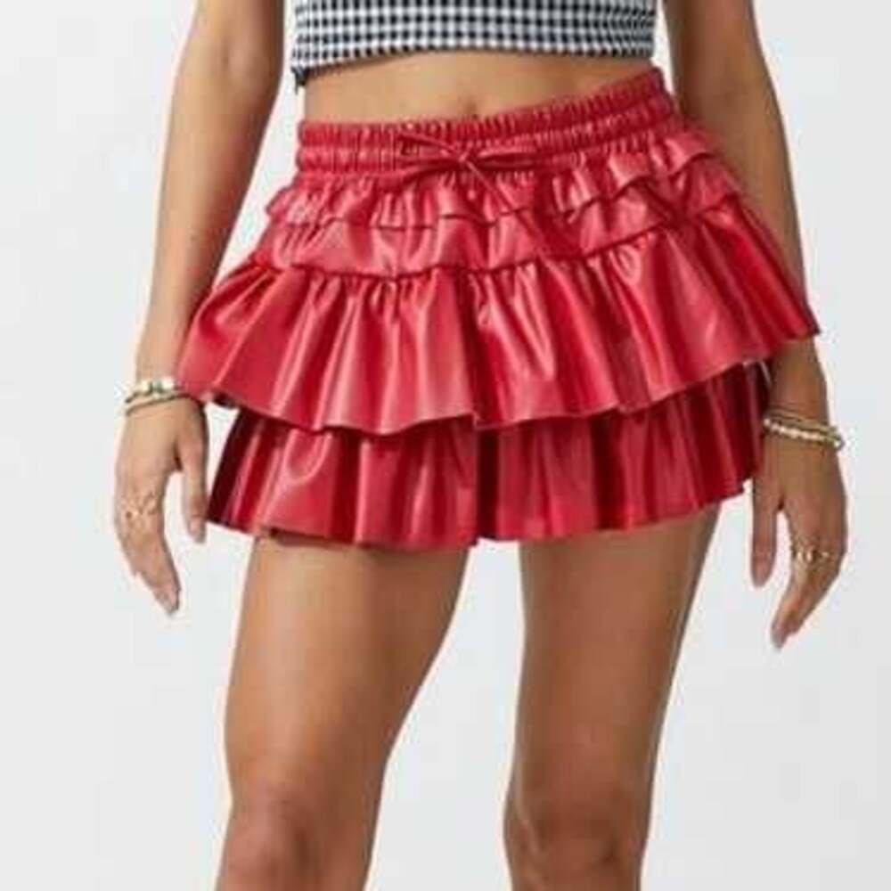 Day + Moon Red Faux Leather Tiered Ruffle Skort